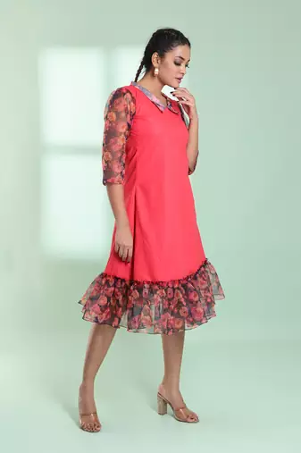 Peach cotton solid a-line ethnic dress with ruffle