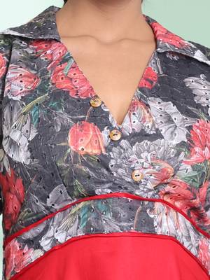 Red and grey cotton flared ethnic dress with chikankari work 4