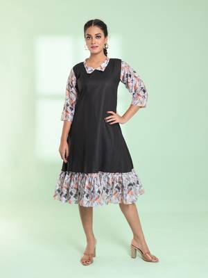 Black cotton solid a-line ethnic dress with ruffle 1
