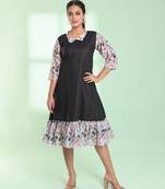 Black cotton solid a-line ethnic dress with ruffle