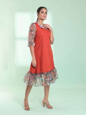 Rust cotton solid a-line ethnic dress with ruffle 2
