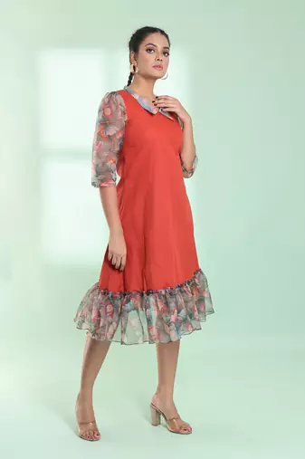 Rust cotton solid a-line ethnic dress with ruffle