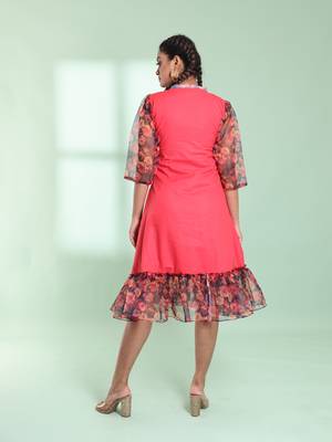Peach cotton solid a-line ethnic dress with ruffle 3