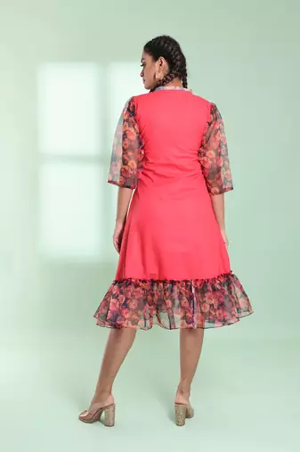 Peach cotton solid a-line ethnic dress with ruffle
