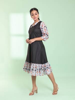 Black cotton solid a-line ethnic dress with ruffle 2