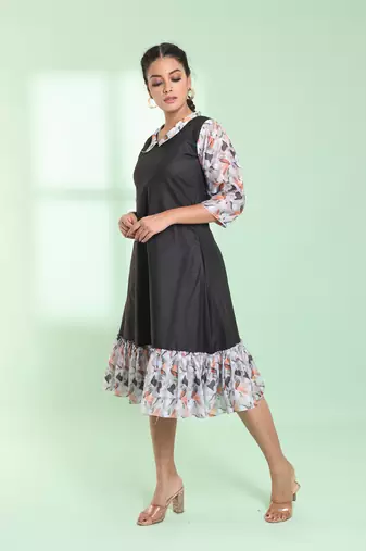 Black cotton solid a-line ethnic dress with ruffle