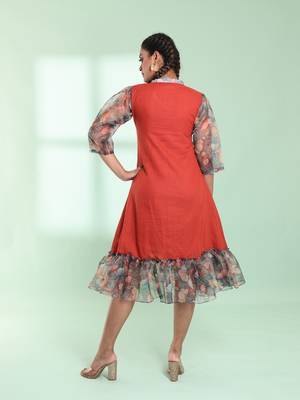 Rust cotton solid a-line ethnic dress with ruffle 3
