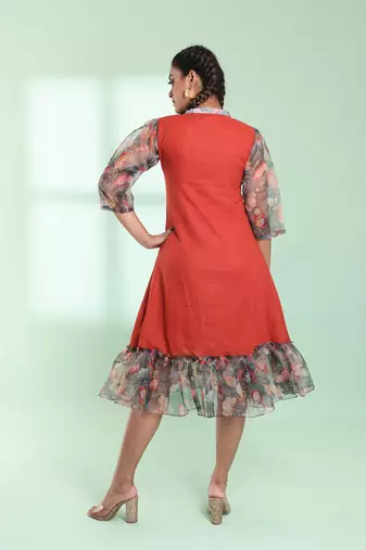 Rust cotton solid a-line ethnic dress with ruffle