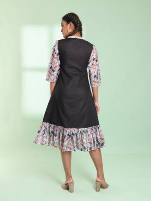 Black cotton solid a-line ethnic dress with ruffle 3