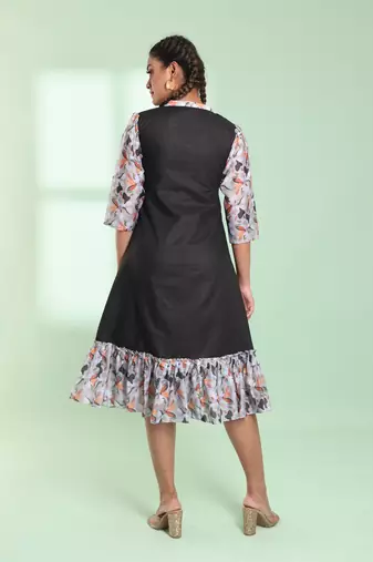 Black cotton solid a-line ethnic dress with ruffle