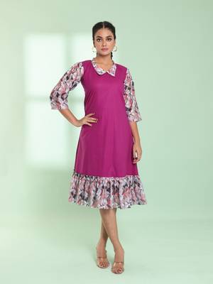 Purple cotton solid a-line ethnic dress with ruffle 1