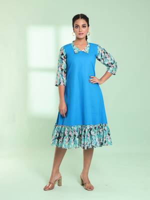 Blue cotton solid a-line ethnic dress with ruffle 1