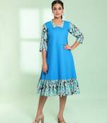 Blue cotton solid a-line ethnic dress with ruffle