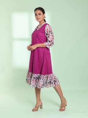 Purple cotton solid a-line ethnic dress with ruffle 2