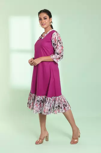 Purple cotton solid a-line ethnic dress with ruffle