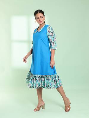 Blue cotton solid a-line ethnic dress with ruffle 2