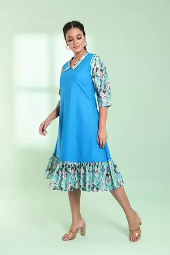 Blue cotton solid a-line ethnic dress with ruffle