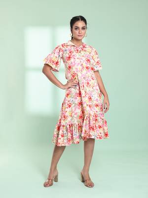 Off white rayon floral printed a-line ethnic dress 1