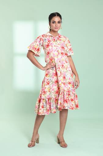 Off white rayon floral printed a-line ethnic dress