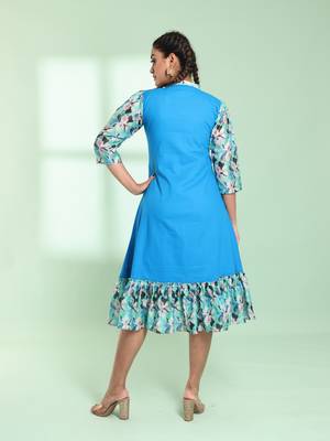Blue cotton solid a-line ethnic dress with ruffle 3