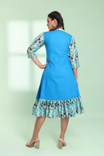 Blue cotton solid a-line ethnic dress with ruffle