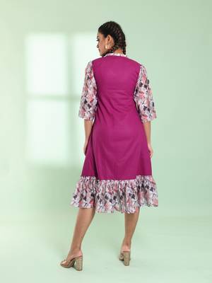 Purple cotton solid a-line ethnic dress with ruffle 3