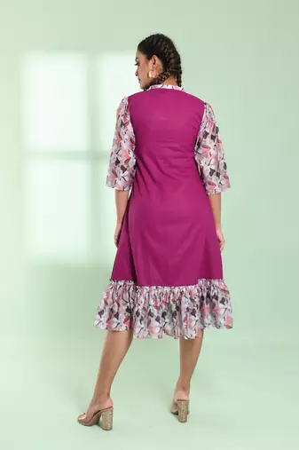 Purple cotton solid a-line ethnic dress with ruffle