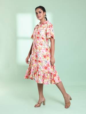 Off white rayon floral printed a-line ethnic dress 2