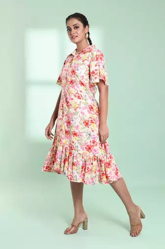Off white rayon floral printed a-line ethnic dress