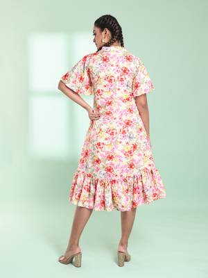 Off white rayon floral printed a-line ethnic dress 3