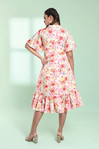Off white rayon floral printed a-line ethnic dress