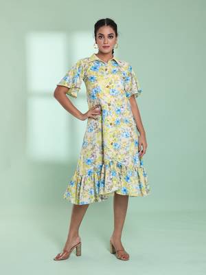 Light yellow rayon floral printed a-line ethnic dress 1