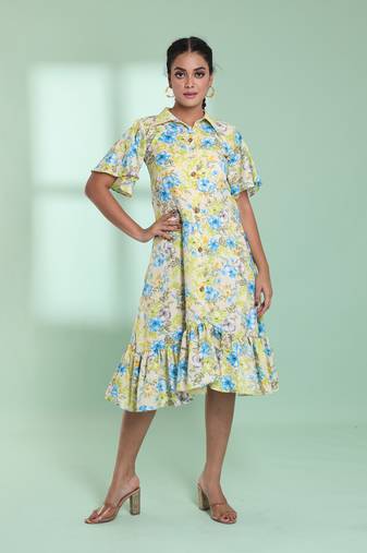 Light yellow rayon floral printed a-line ethnic dress