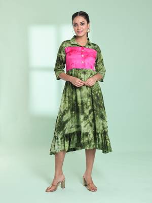 Green rayon printed ethnic dress 1