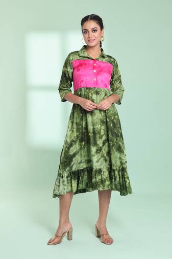 Green rayon printed ethnic dress