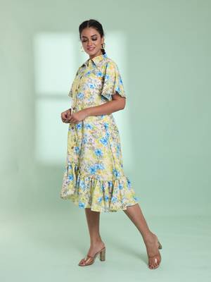 Light yellow rayon floral printed a-line ethnic dress 2