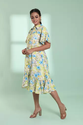 Light yellow rayon floral printed a-line ethnic dress