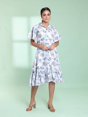 White cotton floral printed a-line ethnic dress 1