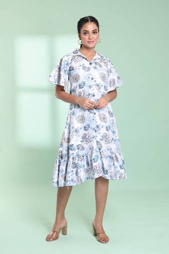 White cotton floral printed a-line ethnic dress