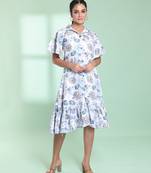 White cotton floral printed a-line ethnic dress