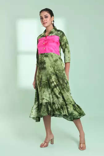 Green rayon printed ethnic dress