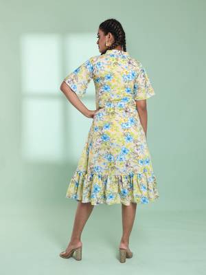 Light yellow rayon floral printed a-line ethnic dress 3