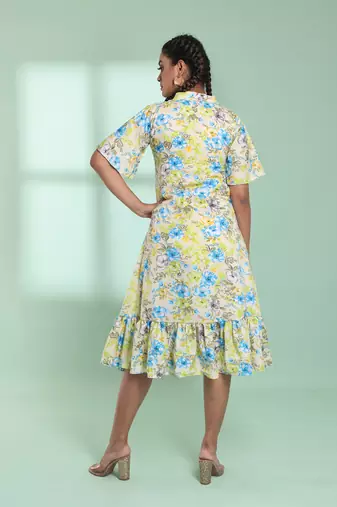 Light yellow rayon floral printed a-line ethnic dress