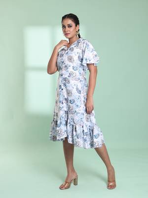 White cotton floral printed a-line ethnic dress 2