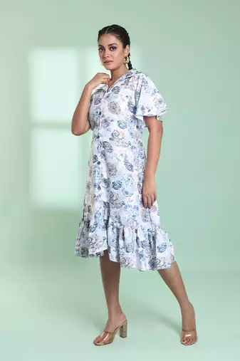 White cotton floral printed a-line ethnic dress