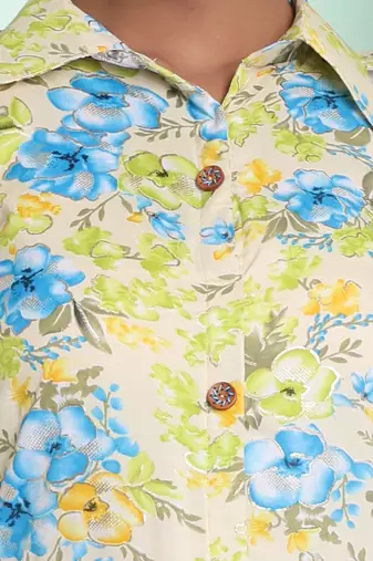 Light yellow rayon floral printed a-line ethnic dress