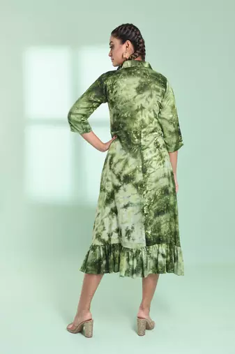 Green rayon printed ethnic dress