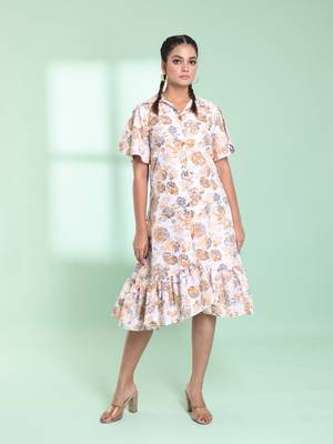 Off white cotton floral printed a-line ethnic dress 1