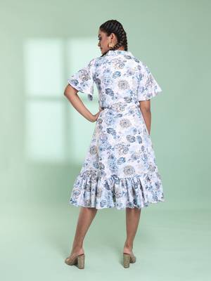 White cotton floral printed a-line ethnic dress 3