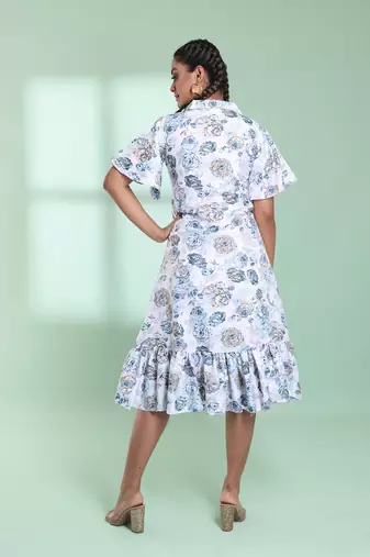 White cotton floral printed a-line ethnic dress